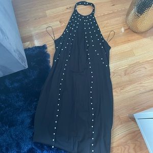 Halter top dress with pearl appliqué